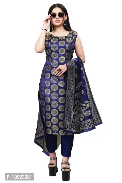 Elegant Navy Blue Jacquard Art Silk Kurta with Pant And Dupatta Set For Women