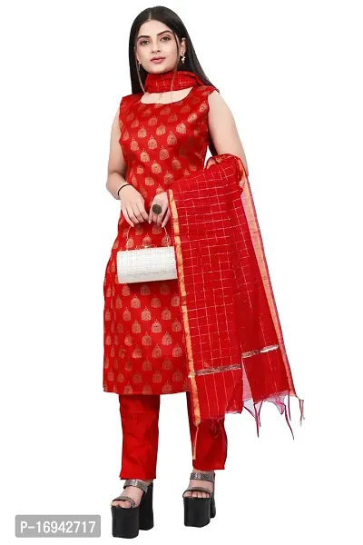 Elegant Red Silk Jacquard Dress Material with Dupatta For Women-thumb0