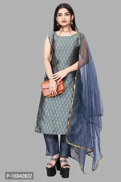 Elegant Grey Silk Jacquard Dress Material with Dupatta For Women-thumb0