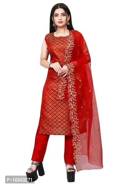 Elegant Red Silk Jacquard Dress Material with Dupatta For Women-thumb0