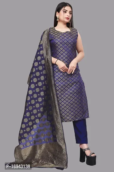 Elegant Navy Blue Silk Jacquard Dress Material with Dupatta For Women-thumb0