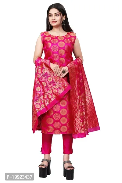 Elegant Pink Jacquard Art Silk Kurta with Pant And Dupatta Set For Women