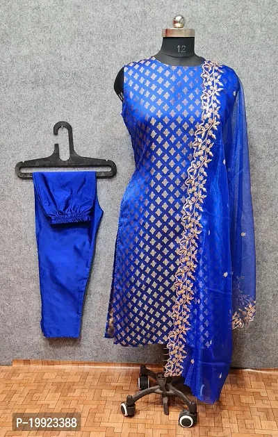 Elegant Blue Jacquard Art Silk Kurta with Pant And Dupatta Set For Women