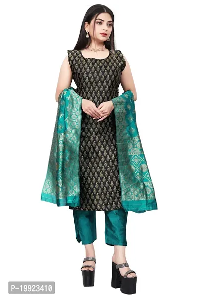 Elegant Black Jacquard Art Silk Kurta with Pant And Dupatta Set For Women-thumb0