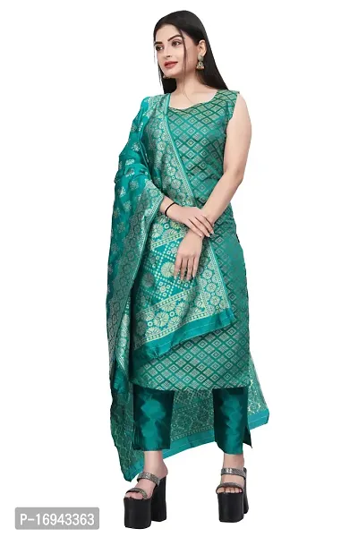 Elegant Teal Silk Jacquard Dress Material with Dupatta For Women-thumb0