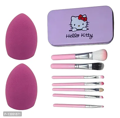 Hello Kitty Makeup Mini Brush Kit of 7 pcs with MFIO Premium Makeup Blender Sponge (2 Pcs)| Latex Free | Assorted Color-thumb0