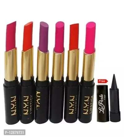 Nyn  Ads Multicolor Matte Finish Lipsticks Combo (Pack Of 6) With Kajal (Free)
