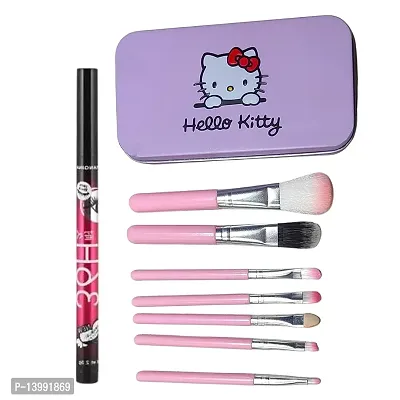 Hello Kitty Makeup Mini Brush Kit set of 7 with MFIO Insta Beauty Water  Smudge Proof 36 Hour Long Lasting Liquid Eye Liner 2.5 g (The Swiss Eyes)-thumb0