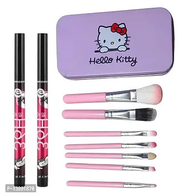 Hello Kitty Makeup Mini Brush Kit set of 7 with 2 pcs of MFIO Insta Beauty Water  Smudge Proof 36 Hour Long Lasting Liquid Eye Liner 2.5 g (The Swiss Eyes)-thumb0