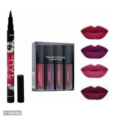 Red Edition Liquid Matte Minis Lipstick, 6 ml with 36H Waterproof Eyeliner Pencil - (Pack of 5)-thumb0