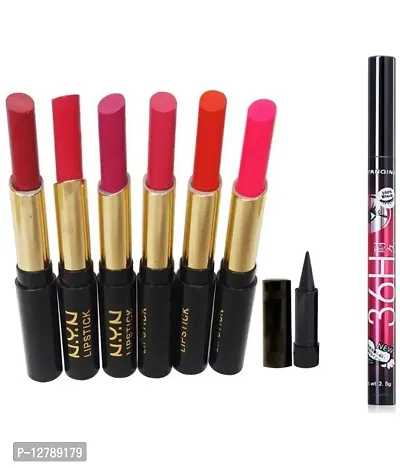 INDICUL 6pcs multi colour Matte Lipstick with free kajal and 36h EYELINER-thumb0