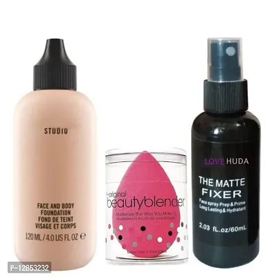 120 ml LIQUID FOUNDATION WITH BLENDER PUFF AND MAKEUP FIXER SPRAY PACK OF 3-thumb0