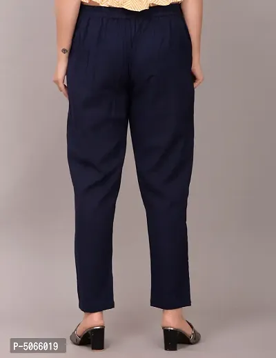 Elegant Navy Blue Solid Cotton Flex Stretchable Trousers For Women And Girls-thumb3