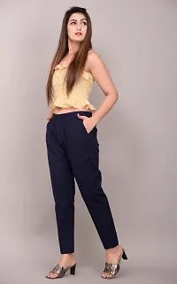 Elegant Navy Blue Solid Cotton Flex Stretchable Trousers For Women And Girls-thumb1