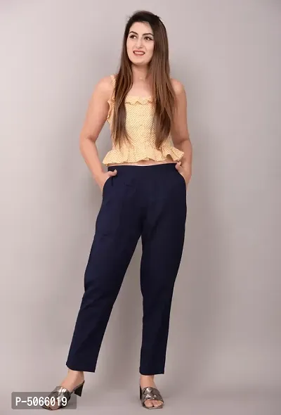 Elegant Navy Blue Solid Cotton Flex Stretchable Trousers For Women And Girls-thumb0