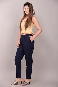 Elegant Navy Blue Solid Cotton Flex Stretchable Trousers For Women And Girls-thumb4