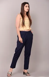 Elegant Navy Blue Solid Cotton Flex Stretchable Trousers For Women And Girls-thumb3