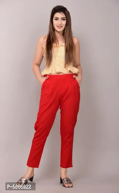 Elegant Red Solid Cotton Flex Stretchable Trousers For Women And Girls