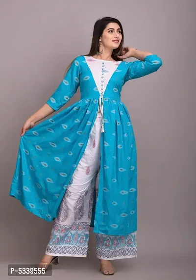 Rayon Printed Front Slit Kurta With Palazzo Set Girls/Ladies/Womens (Turquoise)