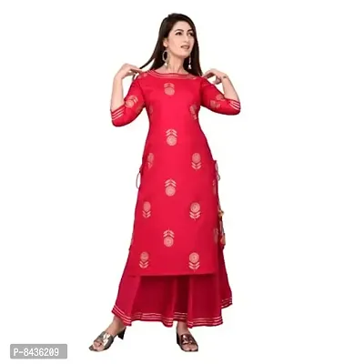 CHEER PAT Rayon Floral Print Straight Kurta With Skirt (Magenta)