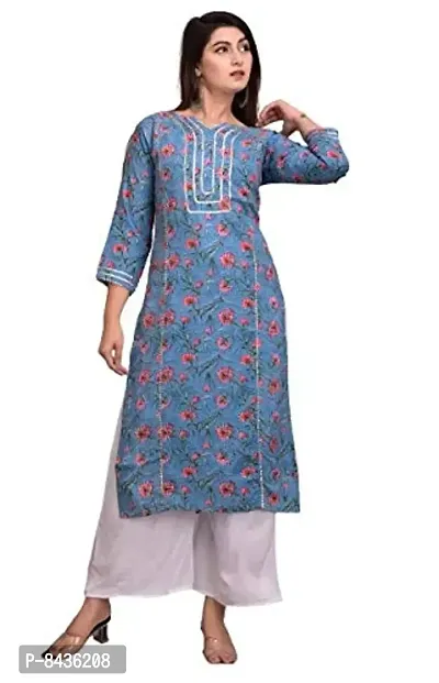 CHEER PAT Cotton Floral Print Straight Kurta With Palazzo Set Girls/Ladies/Womens (Sky Blue)