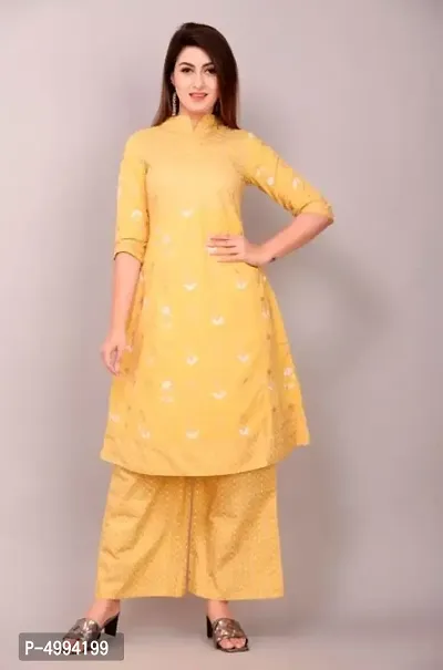 Elegant Yellow Cotton Printed A-Line Kurta With Palazzo Set for Women And Girls