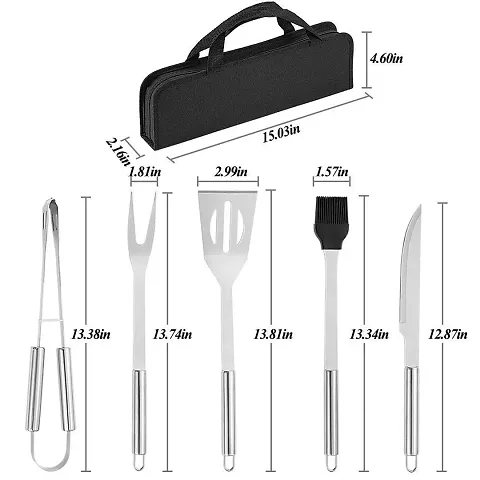 SHEMOKreg; Stainless Steel Barbecue 5 Pieces Tool Sets BBQ Grilling Utensils Kit of Fork, Spatula, Tongs  Basting Brush Professional Storage Case for Outdoor  Indoor Barbecue with Bag