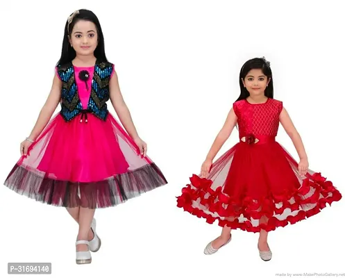 Beautiful Multicoloured Cotton Blend Frock For Girls Pack of 2