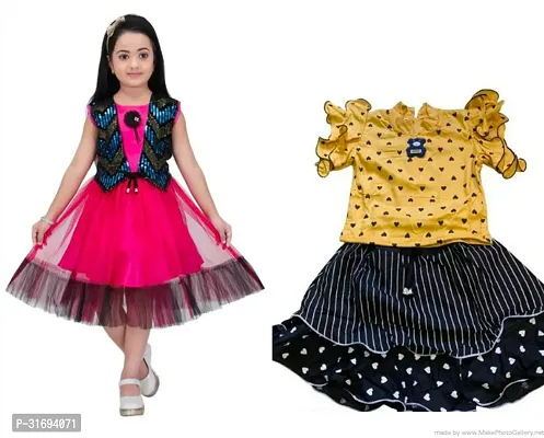 Beautiful Multicoloured Cotton Blend Frock For Girls Pack of 2