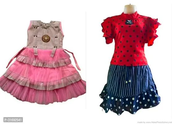 Beautiful Multicoloured Cotton Blend Frock For Girls Pack of 2