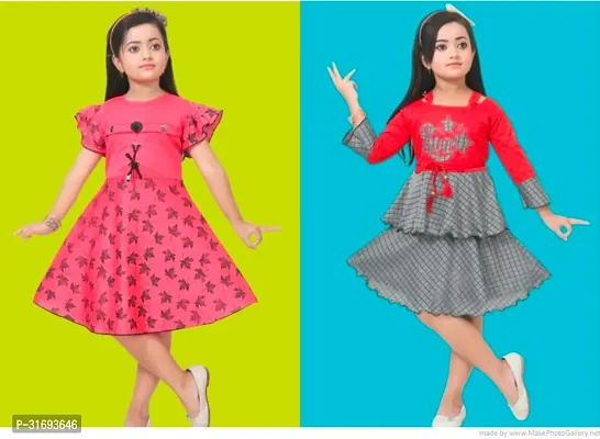 Beautiful Multicoloured Cotton Blend Frock For Girls Pack of 2