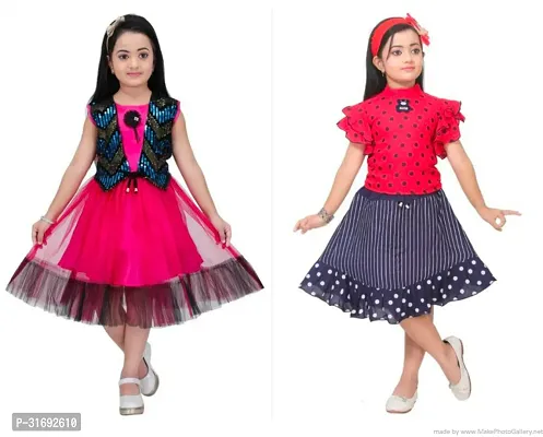 Beautiful Multicoloured Cotton Blend Frock For Girls Pack of 2