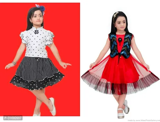 Beautiful Multicoloured Cotton Blend Frock For Girls Pack of 2