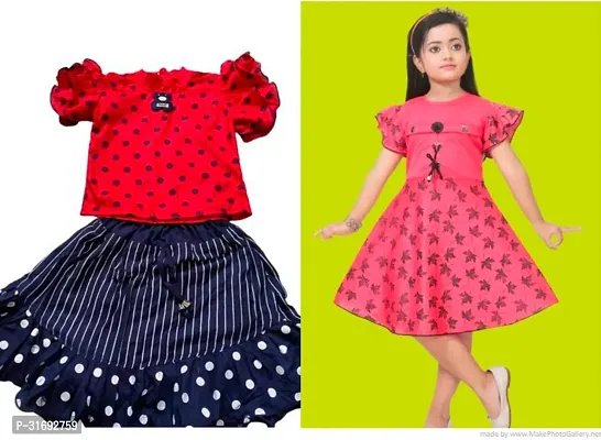 Beautiful Multicoloured Cotton Blend Frock For Girls Pack of 2