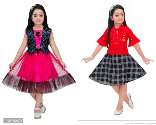 Beautiful Multicoloured Cotton Blend Frock For Girls Pack of 2