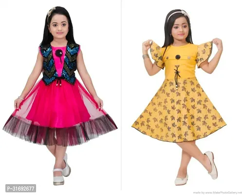 Beautiful Multicoloured Cotton Blend Frock For Girls Pack of 2