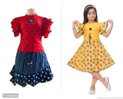 Beautiful Multicoloured Cotton Blend Frock For Girls Pack of 2