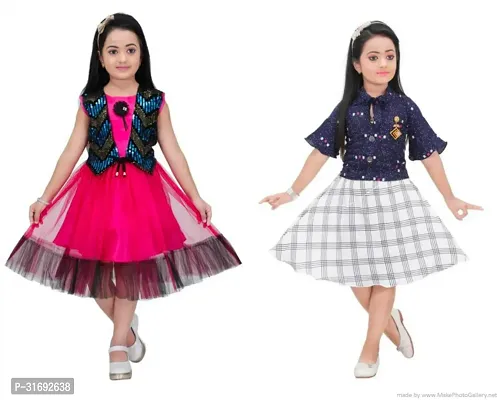 Beautiful Multicoloured Cotton Blend Frock For Girls Pack of 2