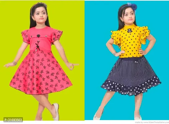 Beautiful Multicoloured Cotton Blend Frock For Girls Pack of 2