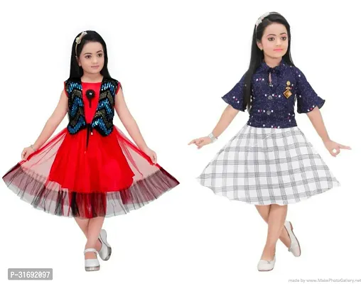 Beautiful Multicoloured Cotton Blend Frock For Girls Pack of 2