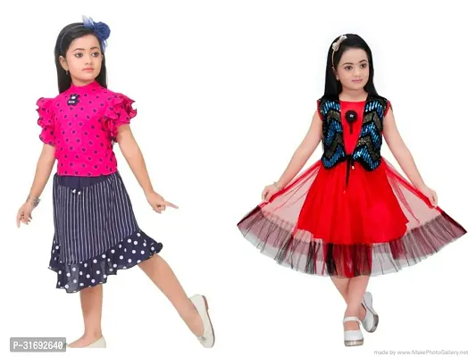 Beautiful Multicoloured Cotton Blend Frock For Girls Pack of 2