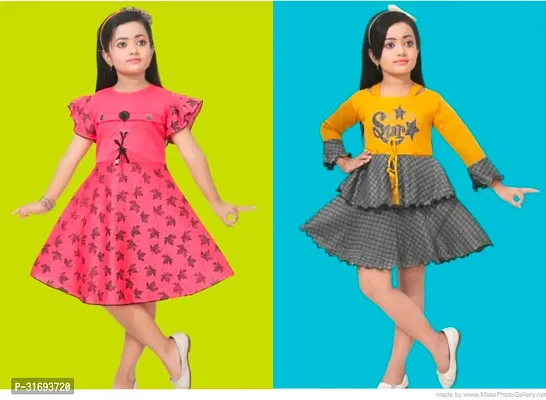 Beautiful Multicoloured Cotton Blend Frock For Girls Pack of 2