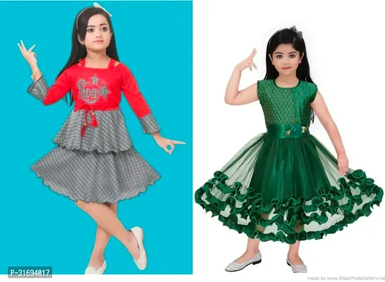 Beautiful Multicoloured Cotton Blend Frock For Girls Pack of 2