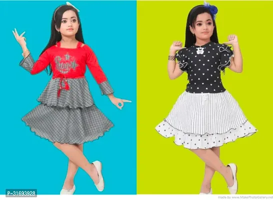 Beautiful Multicoloured Cotton Blend Frock For Girls Pack of 2