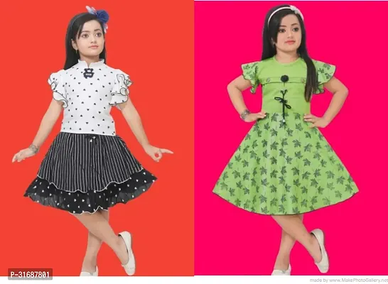 Beautiful Multicoloured Cotton Blend Frock For Girls Pack of 2