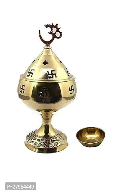 Spherulemuster Brass Akhand Jyoti Diya Om Swastic Stand With Cover Oil Lamp For Temple, Home  Office Decor With Tika Katori (14Cm, Golden)