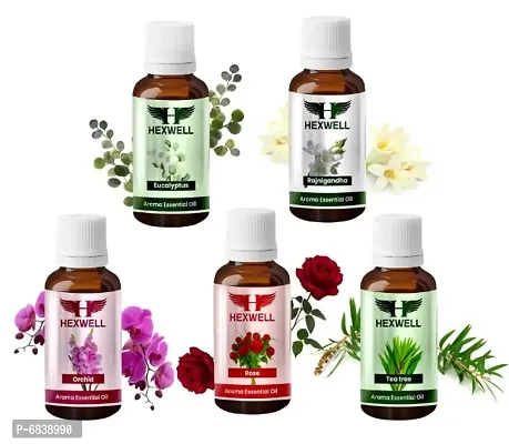 Hexwell Essential Oil For Home Fragrance Rose, Orchid, Tea Tree, Eucalyptus  Rajnigandha 5 Count  (10 ml)-thumb2