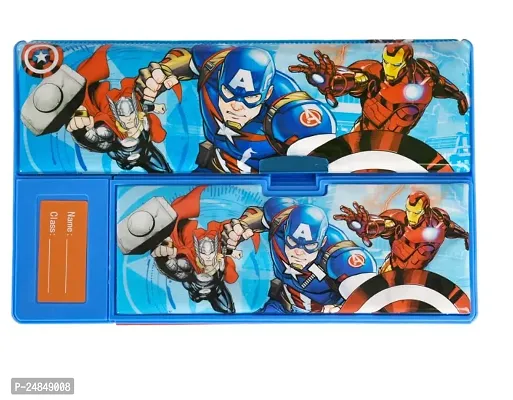 Big Size Jumbo Avenger Theme Pencil Box - Magnetic Dual Side Opening Dynamic Art Pencil Box For Boys, Kids, Students Dark Blue-thumb0