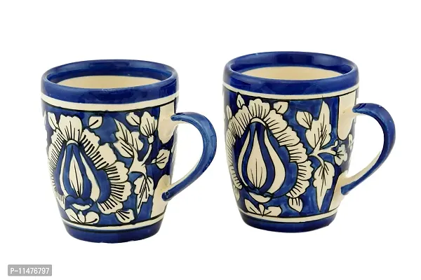 Freakway Floral Mughal Art Handcarfted Ceramic Tea Cups and Ceramic Coffee Mugs Set of 2 (250 ML, Microwave & Dishwasher Safe) - Tea Mugs Ceramic Mugs Milk Mug Coffee Cup Drinkware_Blue