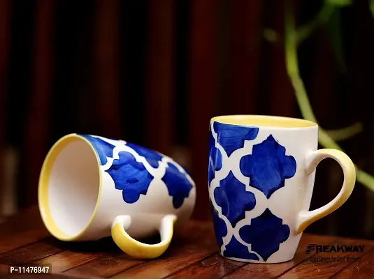 Freakway Hand-Painted Ceramic Handcrafted Umrao /Moroccan Handpainted Ceramic Coffee Mug /Microwave Safe, Dishwasher Safe (300 ml, Pack of 2)_White  Blue-thumb0